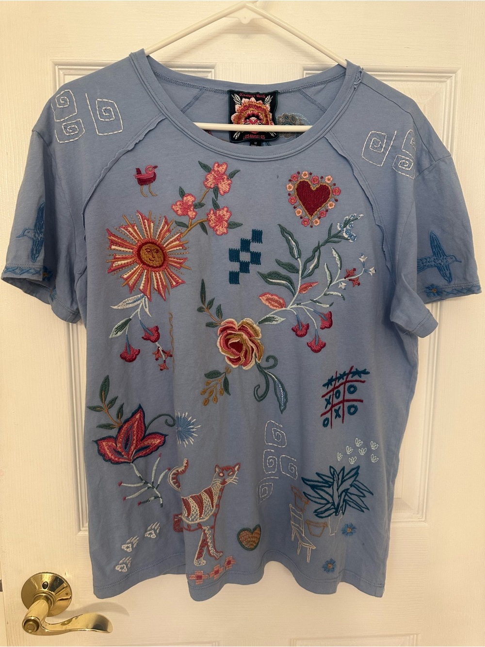 Johnny Was Light Blue Embroidered Floral & Heart Tee